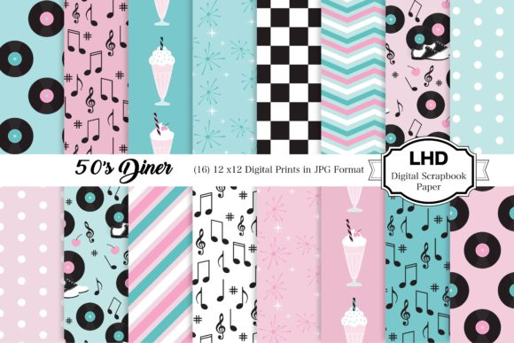 50s Diner Digital Patterns - Pink Blue