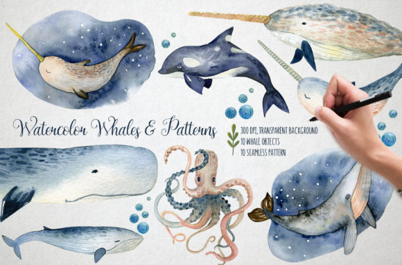 Watercolor Whales Patterns